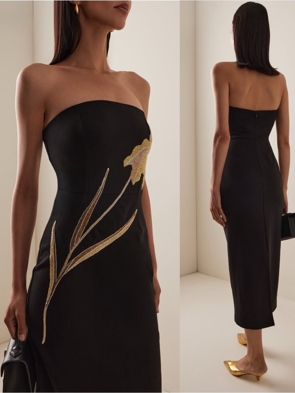 STAUD Brooke Strapless Bead Embellished Jersey Midi Dress Night Iris Black